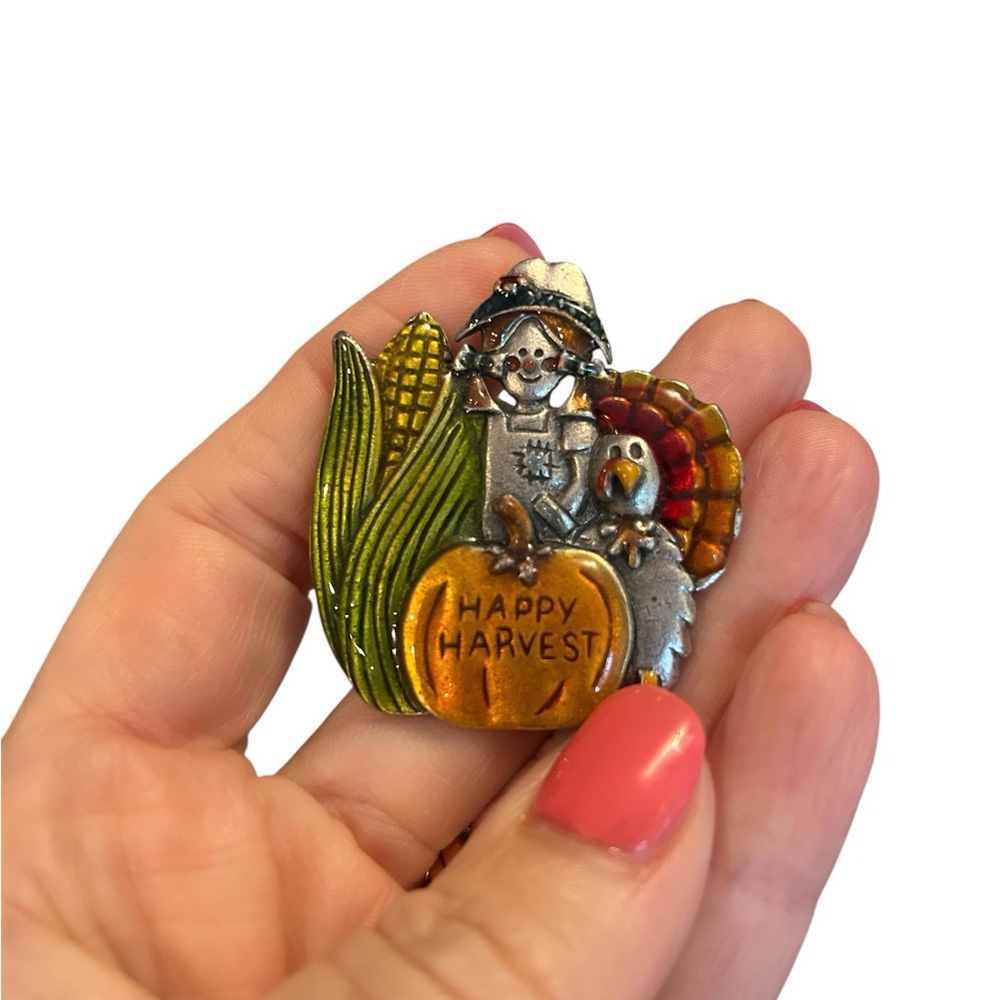 Festive Harvest Brooch with Scarecrow and Turkey